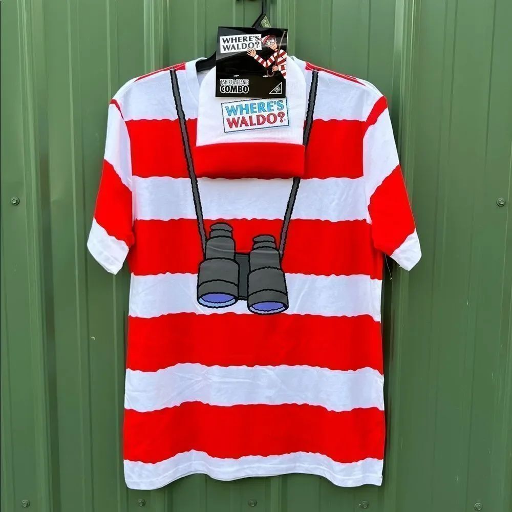 Where's Waldo Graphic Halloween Cosplay T-Shirt & Matching Beanie Costume Sz XLt